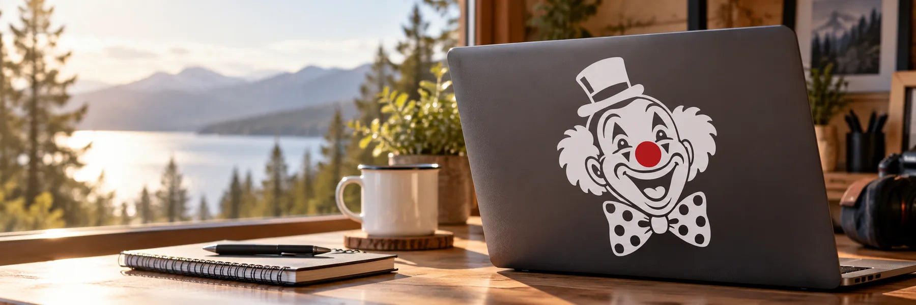 Illustrative Happy Clown Decals vinyl application in a realistic panoramic lifestyle scene.