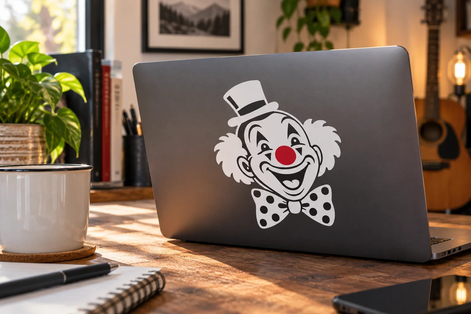 Illustrative Happy Clown Decals vinyl application in a realistic separate close-up lifestyle scene.