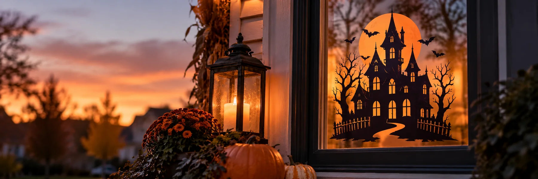 Illustrative Haunted House Decals vinyl application in a realistic panoramic lifestyle scene.