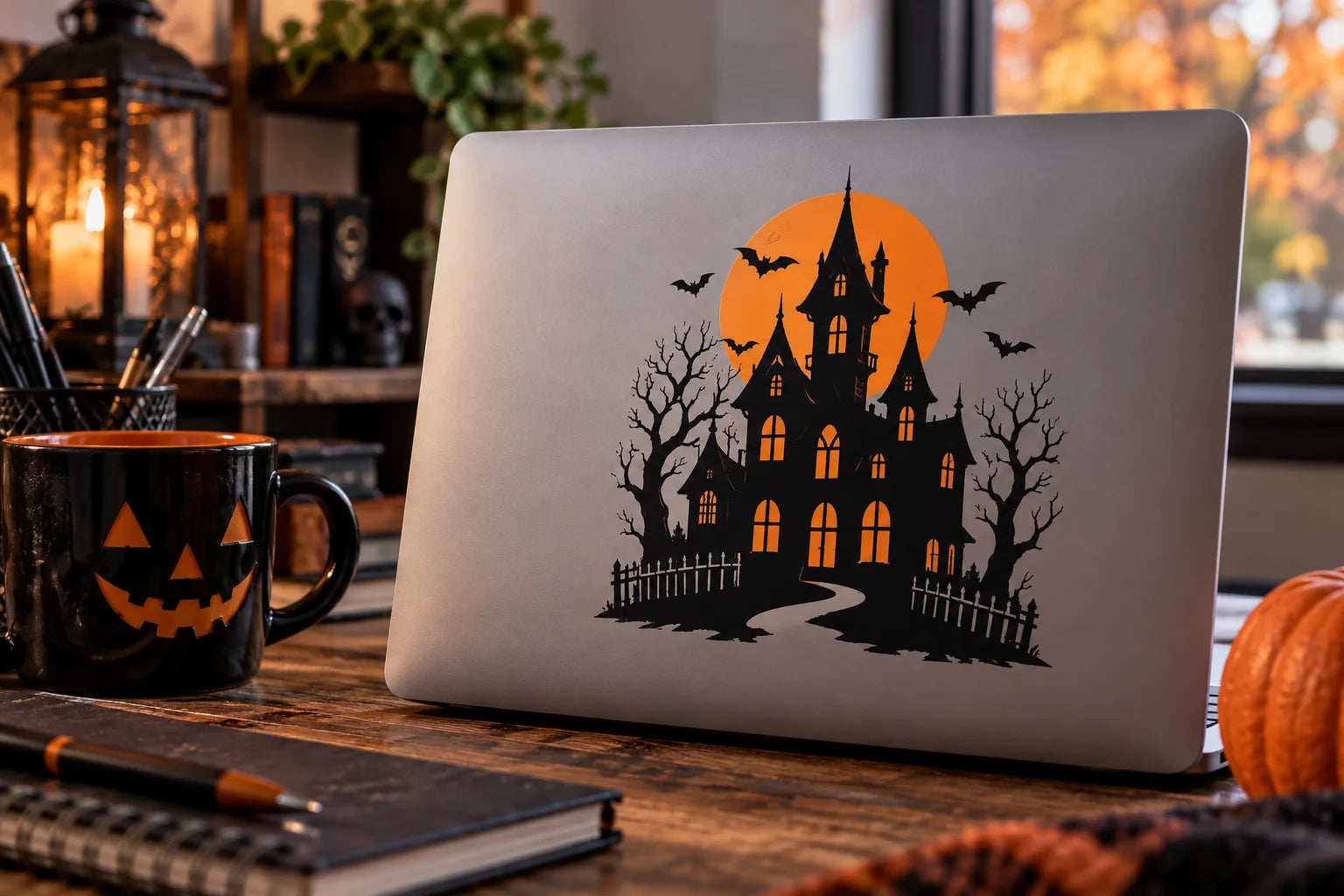 Illustrative Haunted House Decals vinyl application in a realistic separate close-up lifestyle scene.