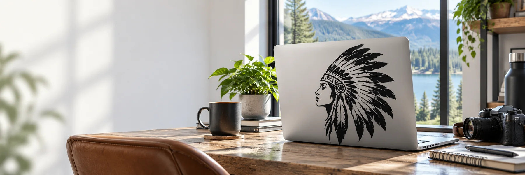 Illustrative Headdress Decals vinyl application in a realistic panoramic lifestyle scene.