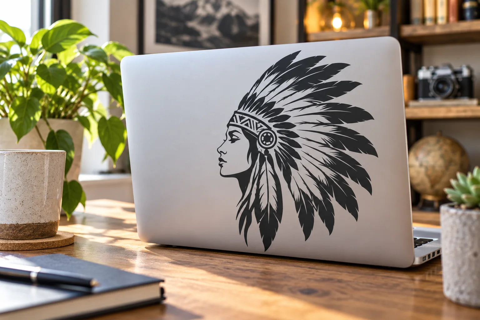 Illustrative Headdress Decals vinyl application in a realistic separate close-up lifestyle scene.