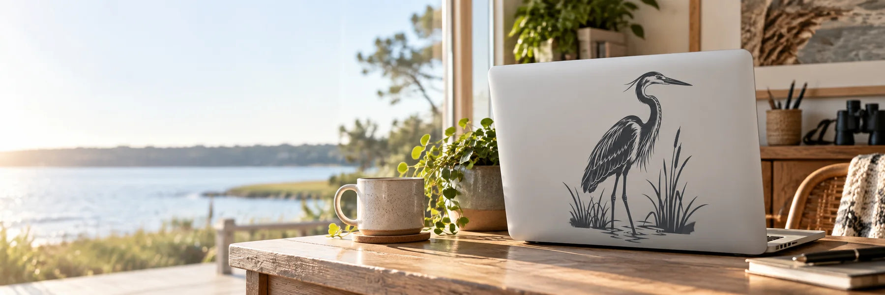 Illustrative Heron Decals vinyl application in a realistic panoramic lifestyle scene.