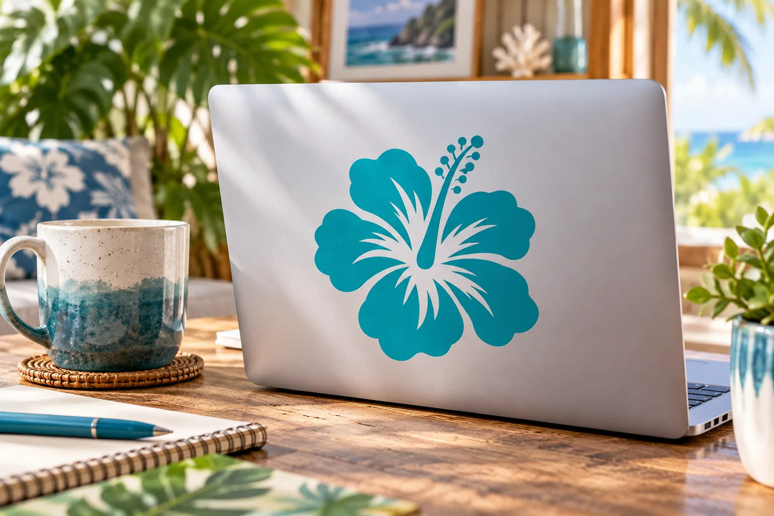 Illustrative Hibiscus Flower Decals vinyl application in a realistic separate close-up lifestyle scene.
