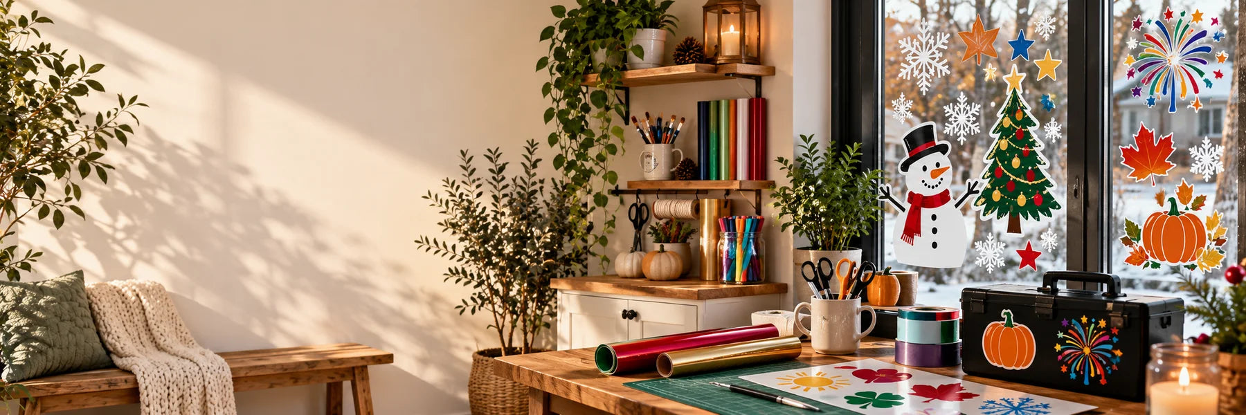Illustrative holiday decals vinyl applications in a realistic lifestyle scene.