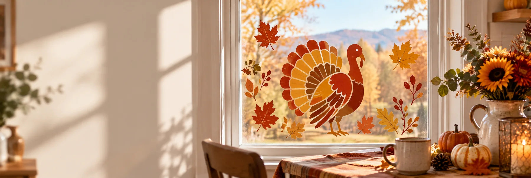 Illustrative Thanksgiving Decals vinyl application in a realistic panoramic lifestyle scene.