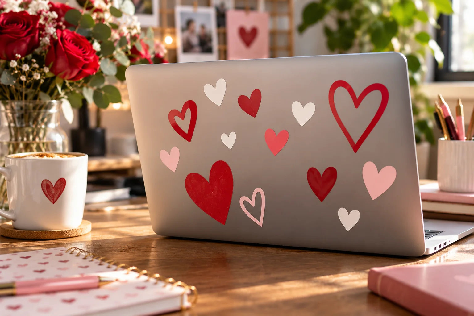 Illustrative Valentines Day Decals vinyl application in a realistic separate close-up lifestyle scene.