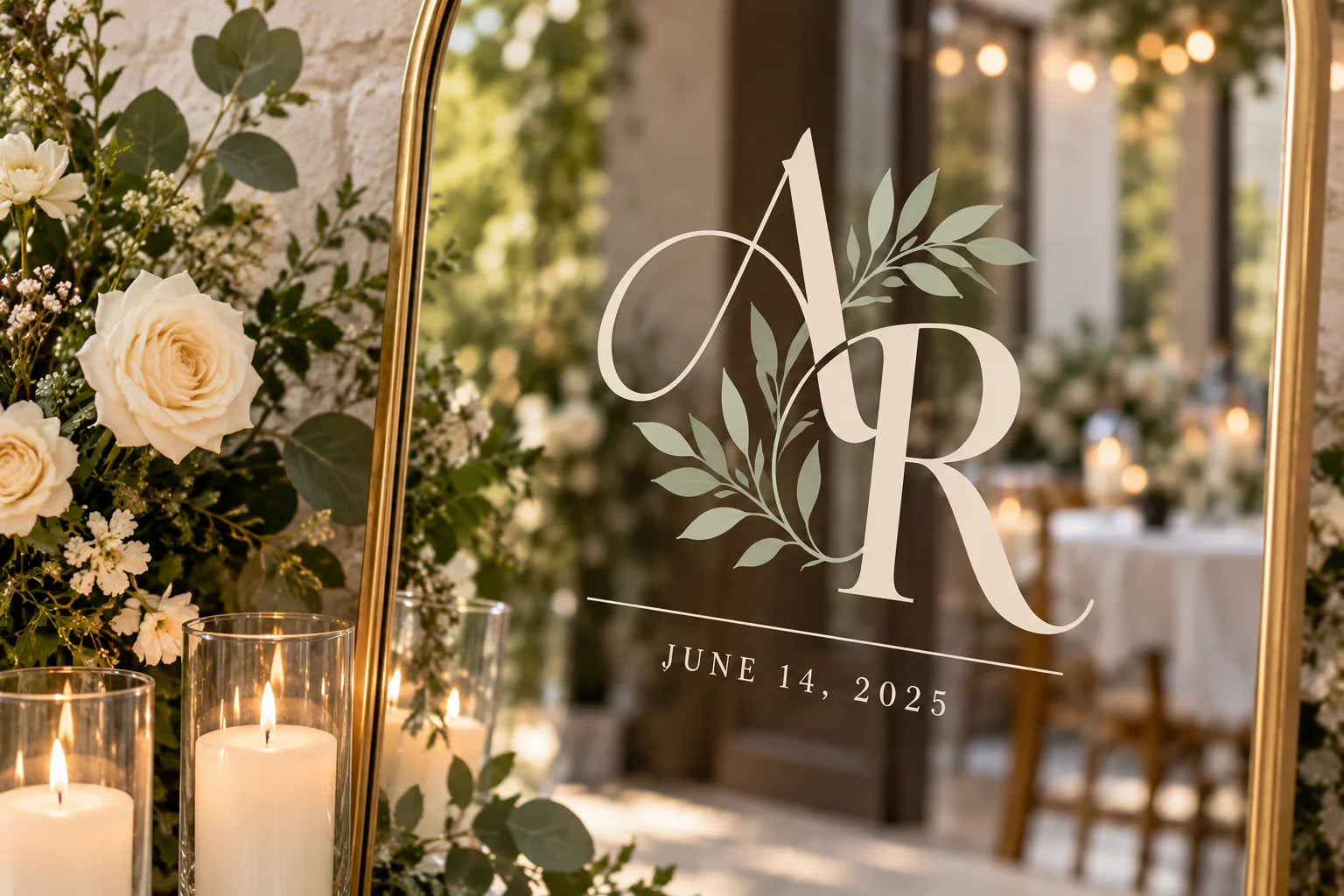Illustrative Wedding Decals vinyl application in a realistic separate close-up lifestyle scene.