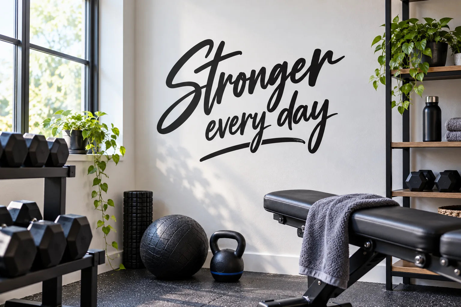 Illustrative Home Gym Quote Decals vinyl application in a realistic separate close-up lifestyle scene.