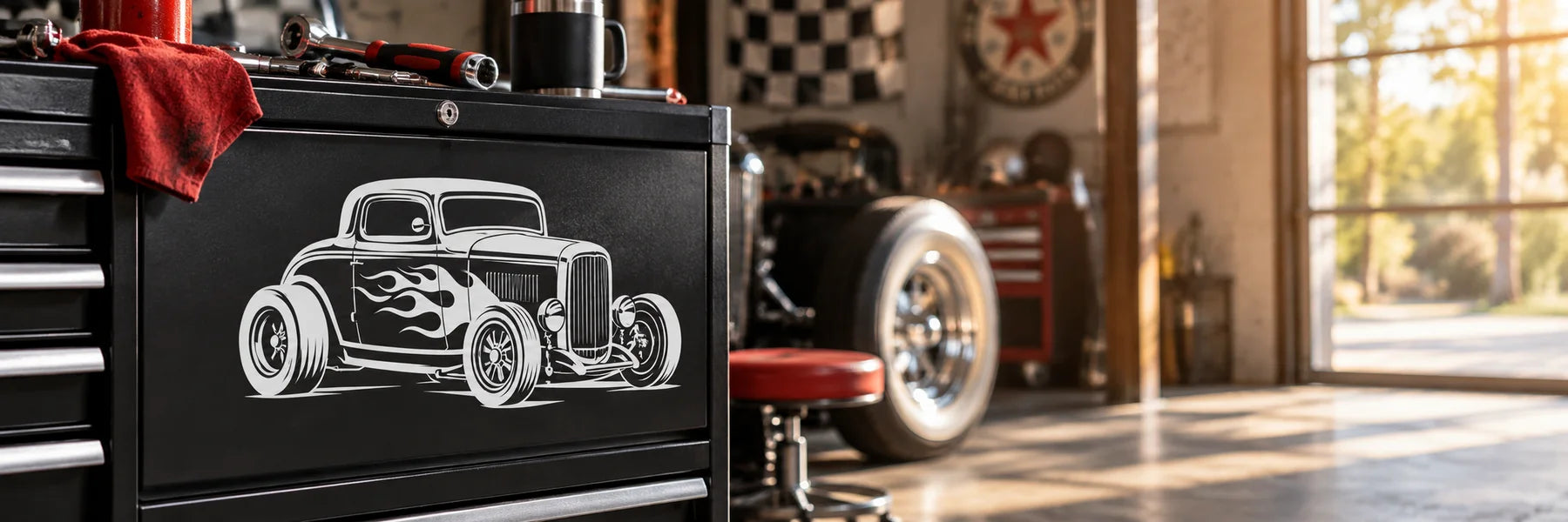 Illustrative Hot Rod Decals vinyl application in a realistic panoramic lifestyle scene.