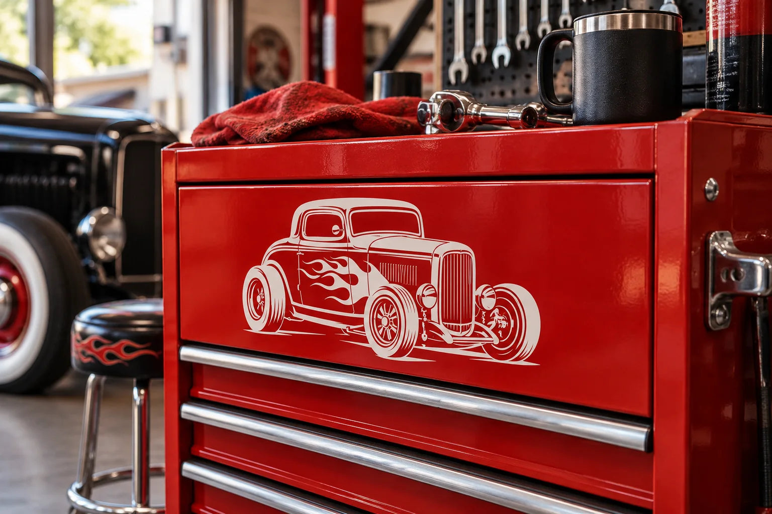 Illustrative Hot Rod Decals vinyl application in a realistic separate close-up lifestyle scene.