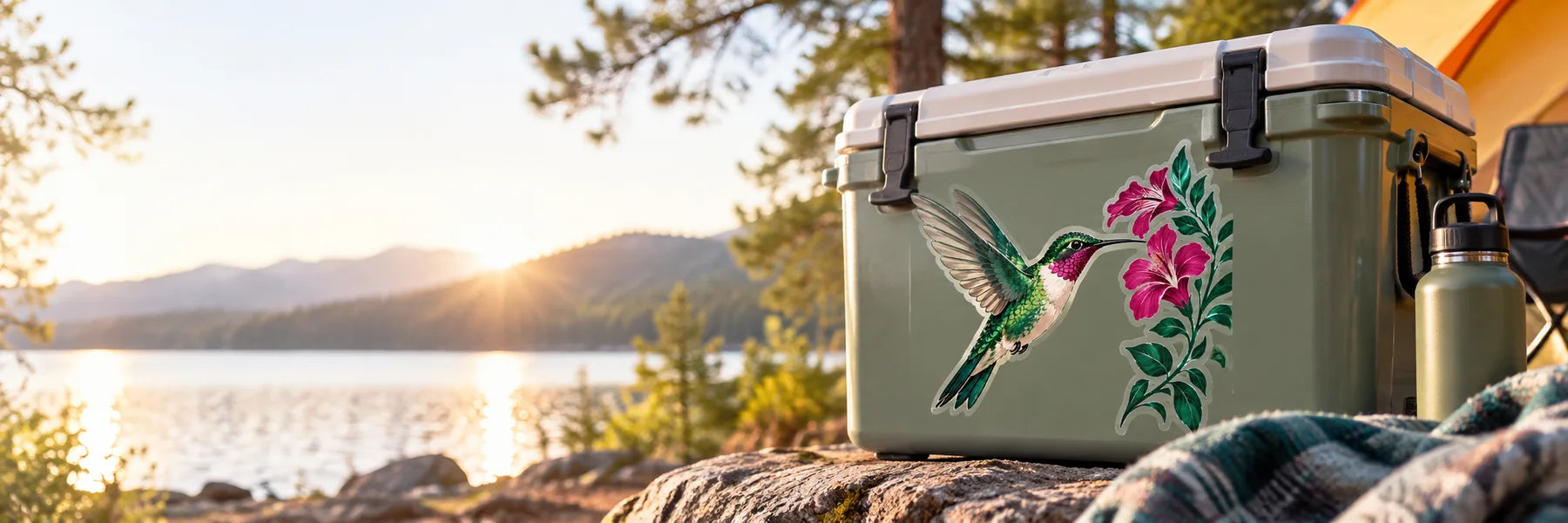 Illustrative Hummingbird Decals vinyl application in a realistic panoramic lifestyle scene.