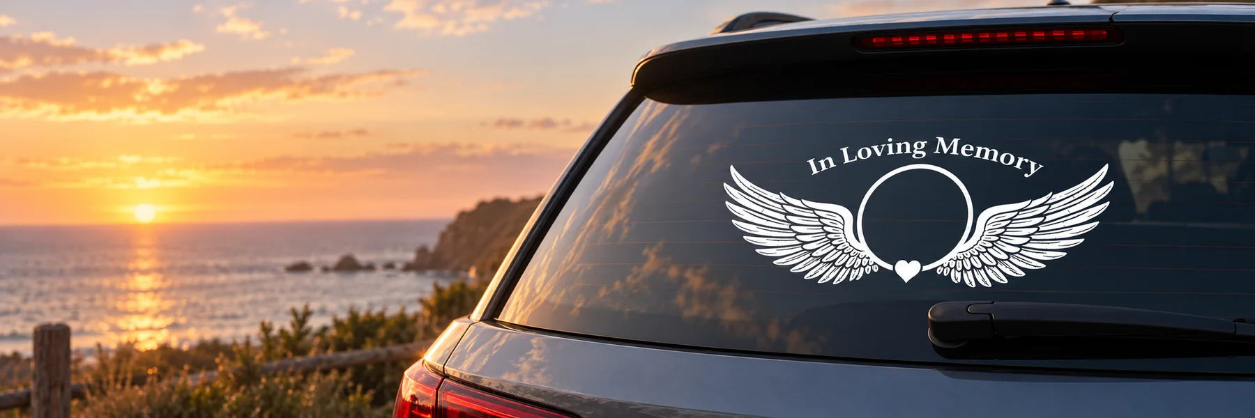 Illustrative In Loving Memory Decals vinyl application in a realistic panoramic lifestyle scene.