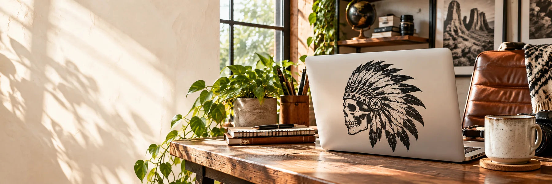 Illustrative Indian Skull Decals vinyl application in a realistic panoramic lifestyle scene.