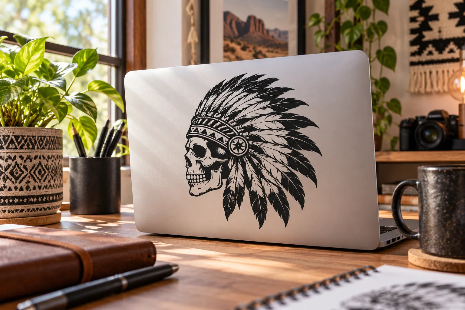 Illustrative Indian Skull Decals vinyl application in a realistic separate close-up lifestyle scene.