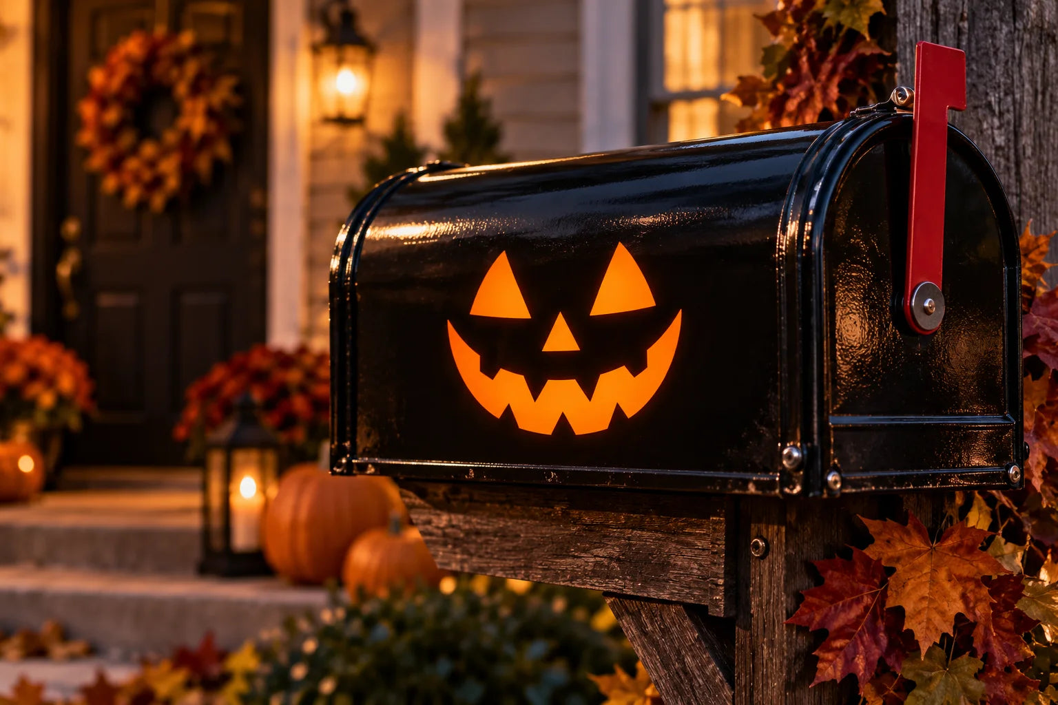 Illustrative Jack-O-Lantern Decals vinyl application in a realistic separate close-up lifestyle scene.