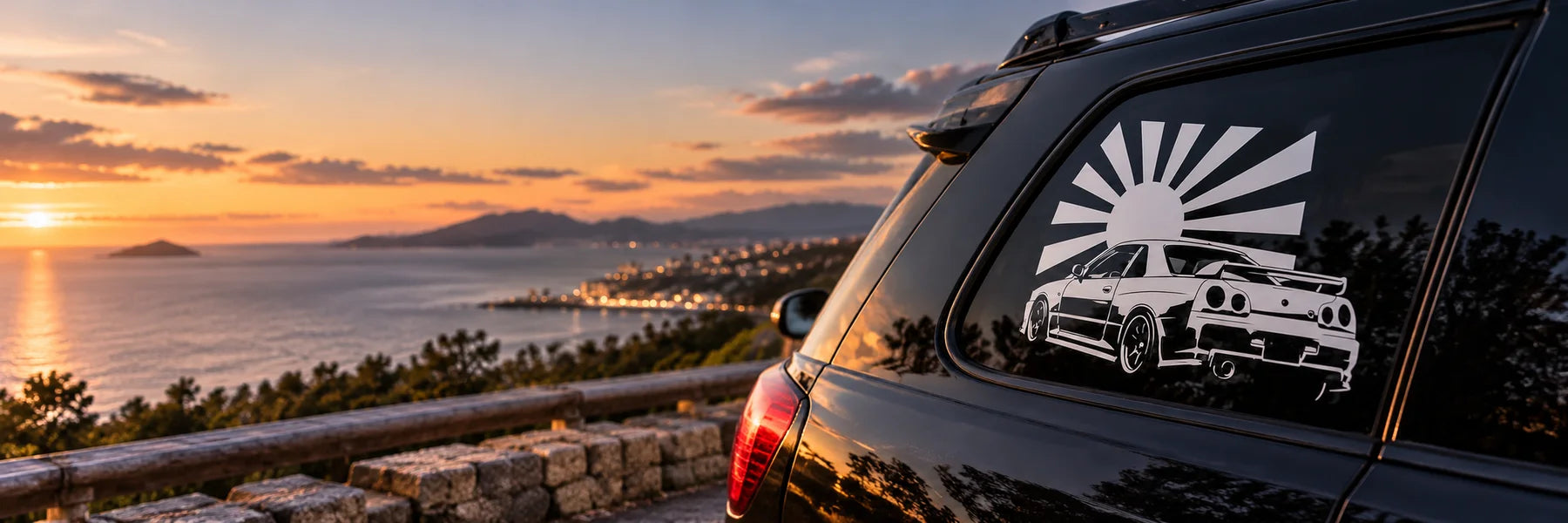 Illustrative Japanese Car Decals vinyl application in a realistic panoramic lifestyle scene.