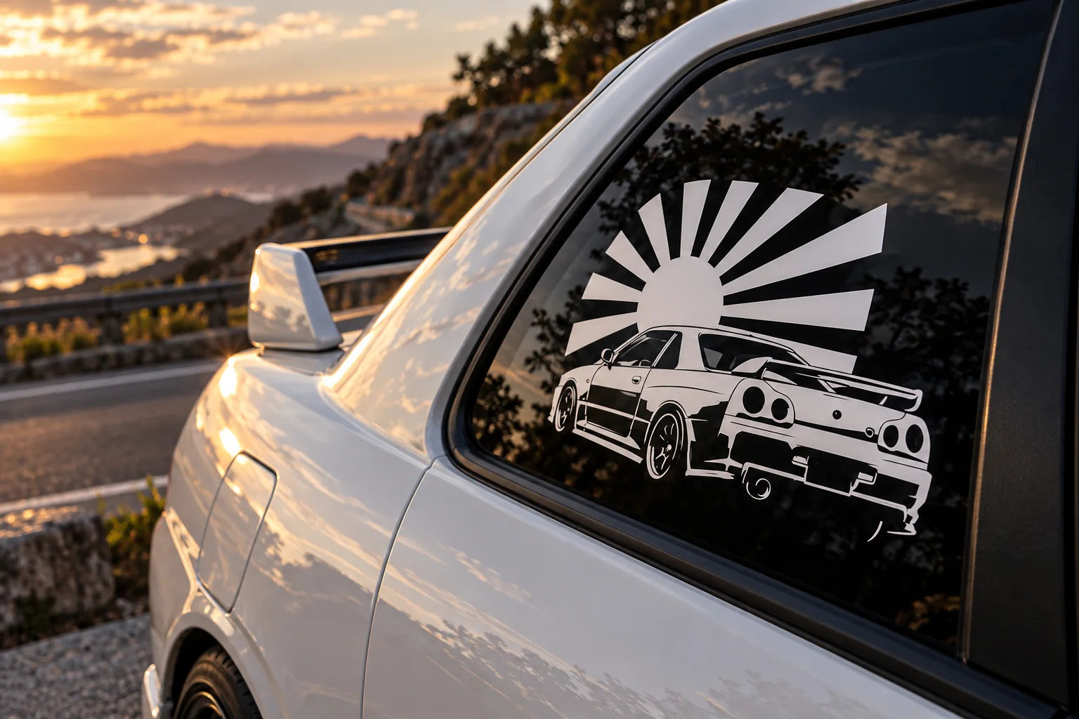 Illustrative Japanese Car Decals vinyl application in a realistic separate close-up lifestyle scene.