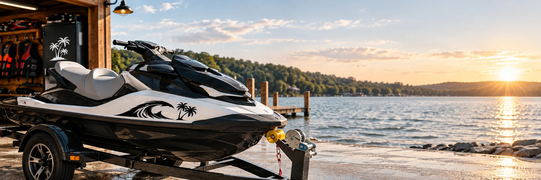 Illustrative Jet Ski Decals vinyl application in a realistic panoramic lifestyle scene.