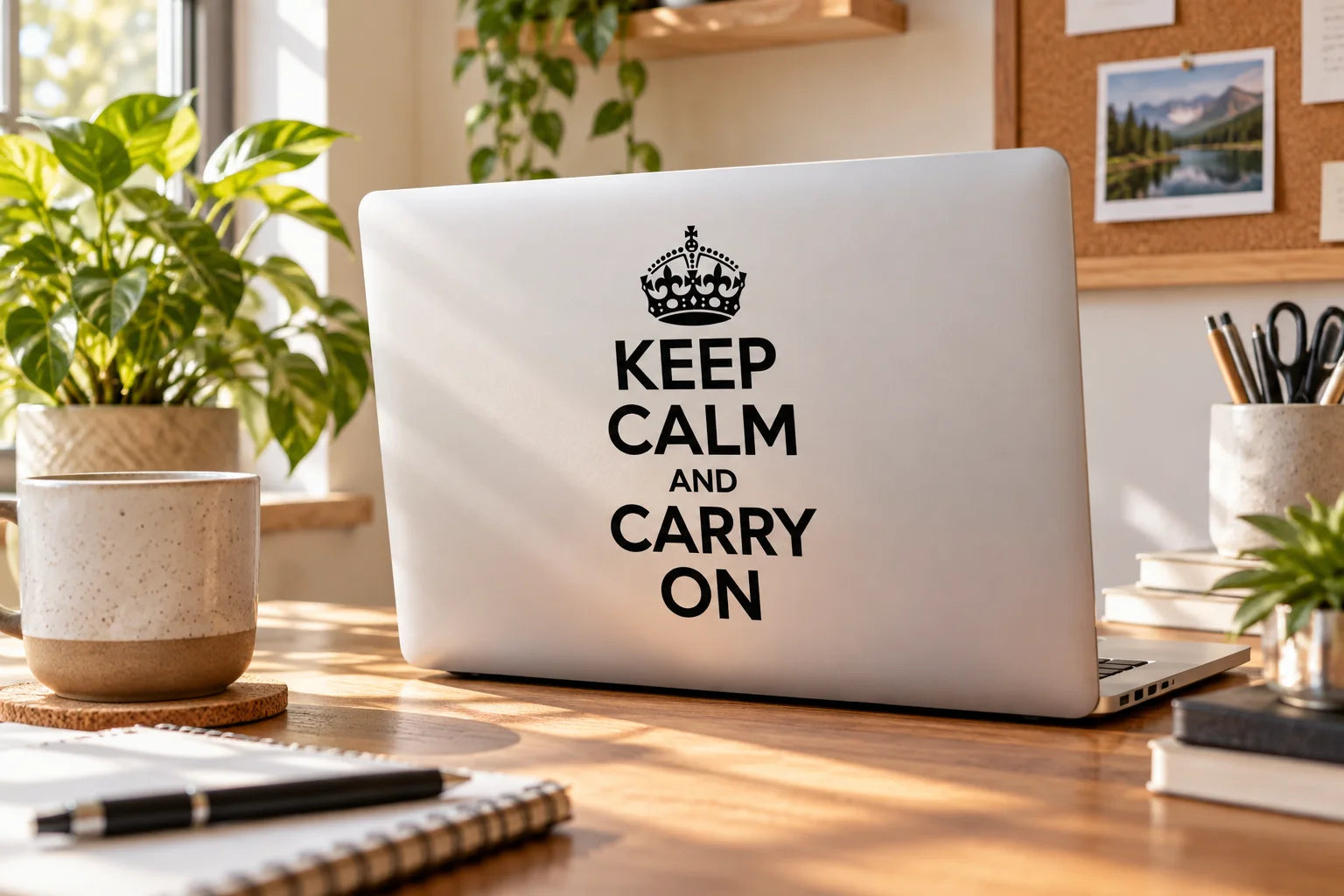 Illustrative Keep Calm and Carry Decals vinyl application in a realistic separate close-up lifestyle scene.