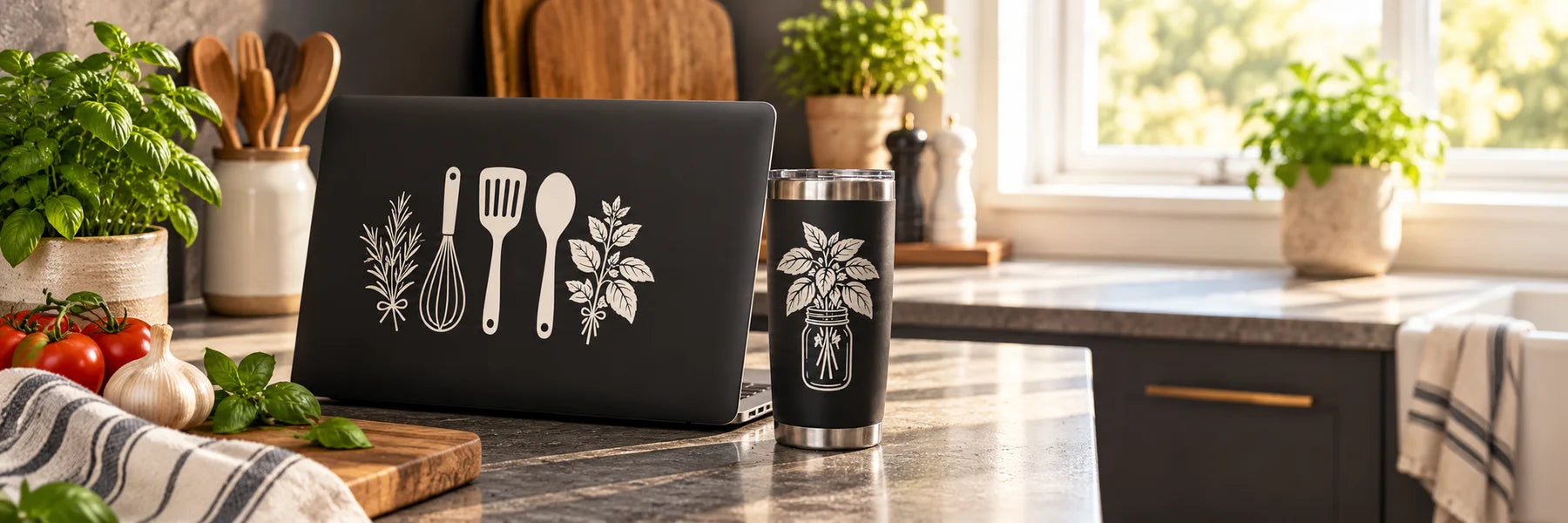 Illustrative Kitchen Decals vinyl application in a realistic panoramic lifestyle scene.