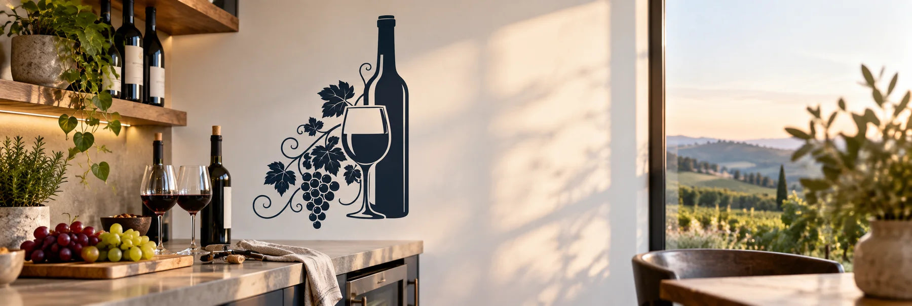 Illustrative Wine Decals vinyl application in a realistic panoramic lifestyle scene.