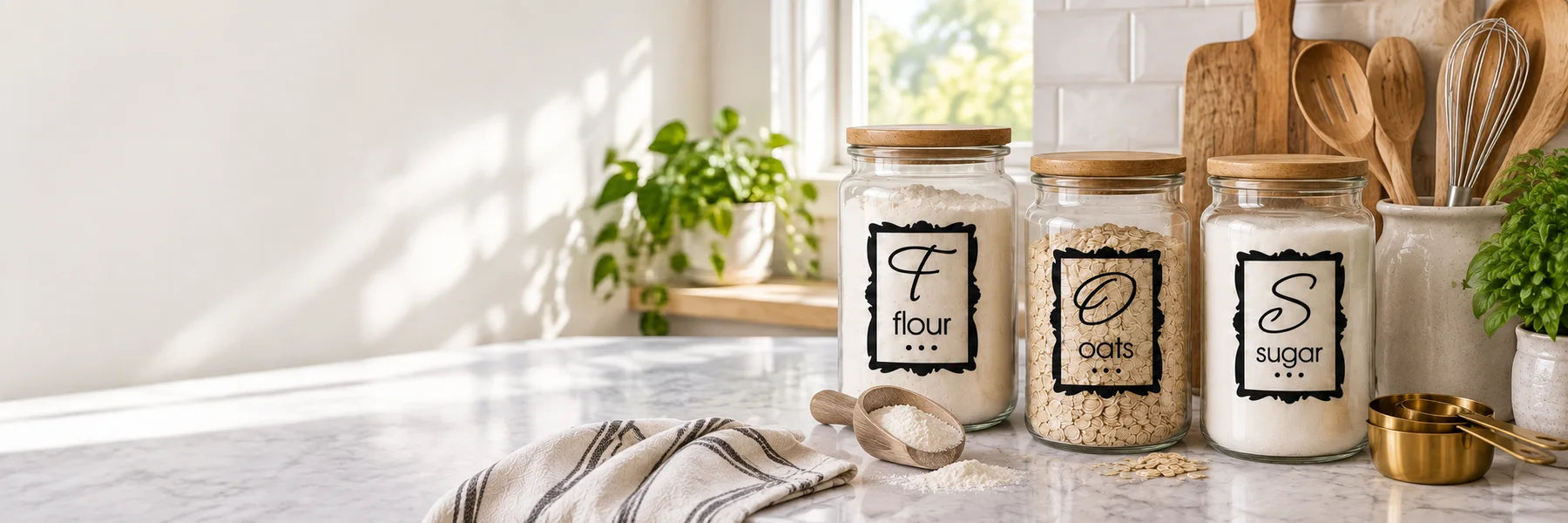 Illustrative Kitchen Label Decals vinyl application in a realistic panoramic lifestyle scene.