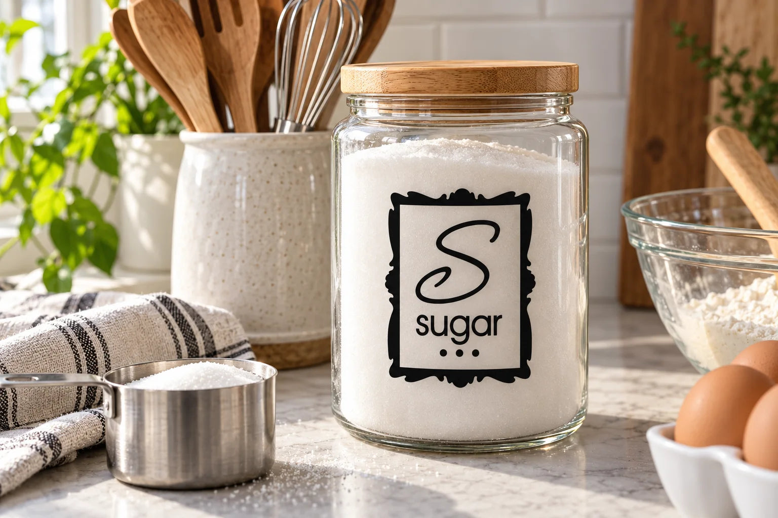 Illustrative Kitchen Label Decals vinyl application in a realistic separate close-up lifestyle scene.