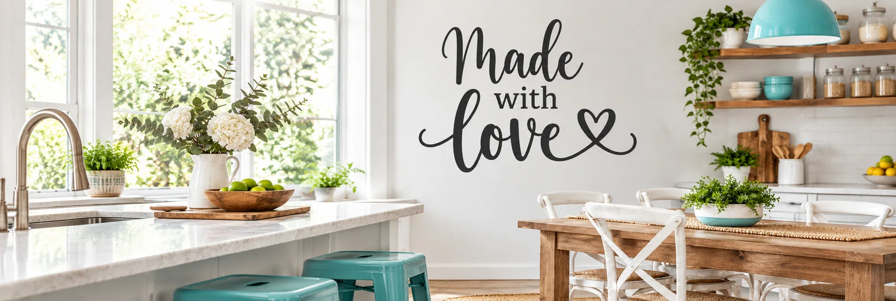 Illustrative Kitchen Quote Decals vinyl application in a realistic panoramic lifestyle scene.