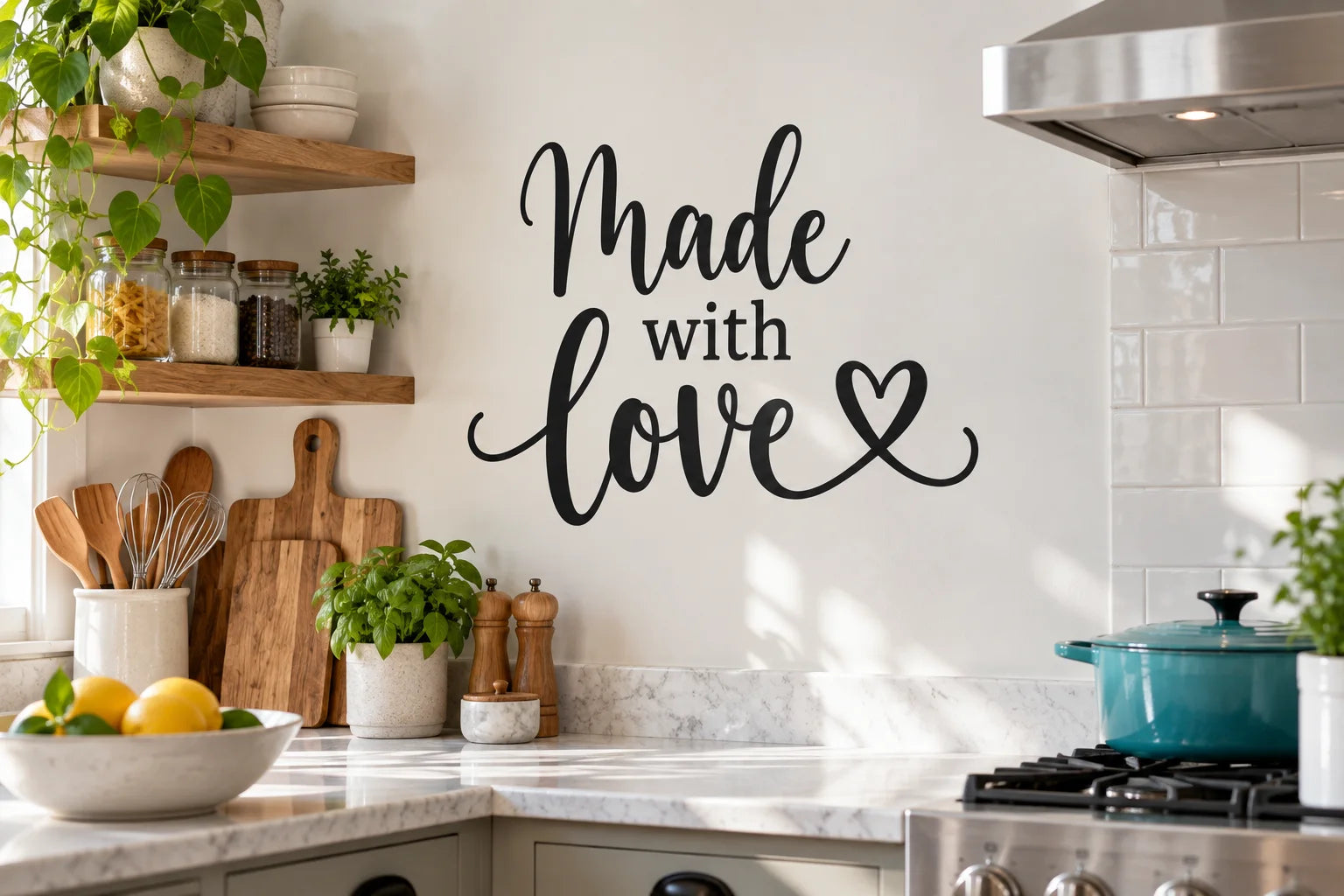 Illustrative Kitchen Quote Decals vinyl application in a realistic separate close-up lifestyle scene.