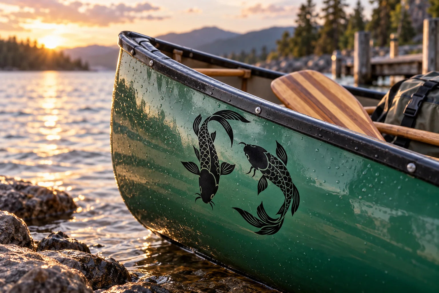 Illustrative Koi Fish Decals vinyl application in a realistic separate close-up lifestyle scene.
