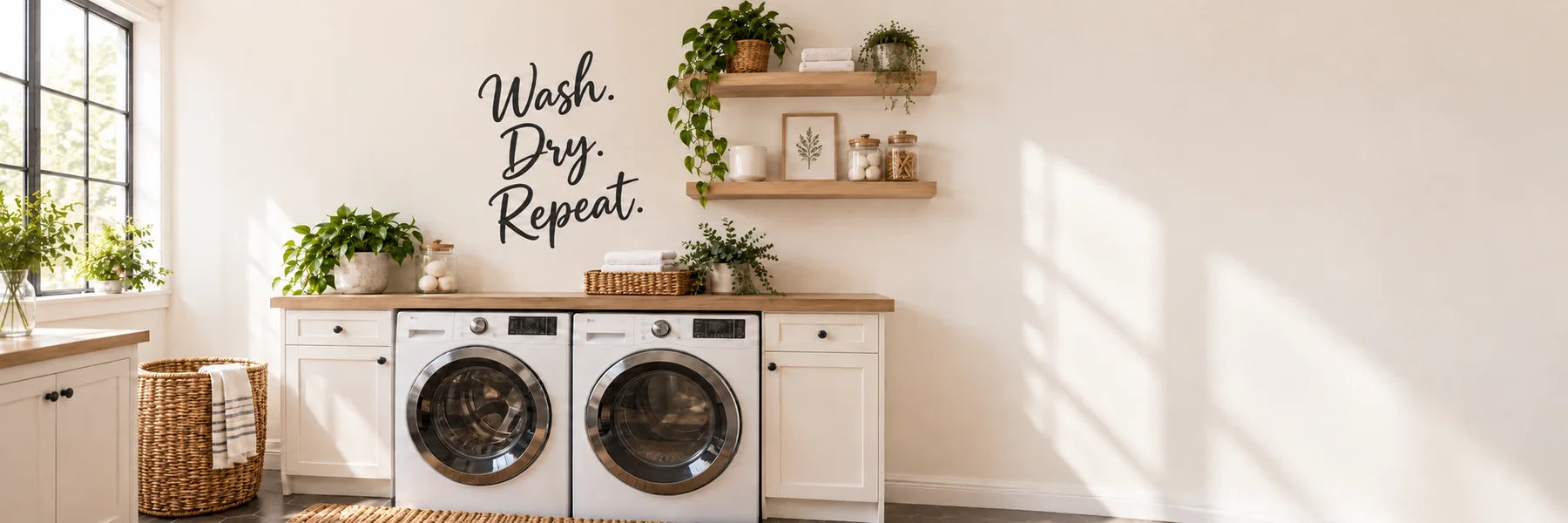 Illustrative Laundry Quote Decals vinyl application in a realistic panoramic lifestyle scene.
