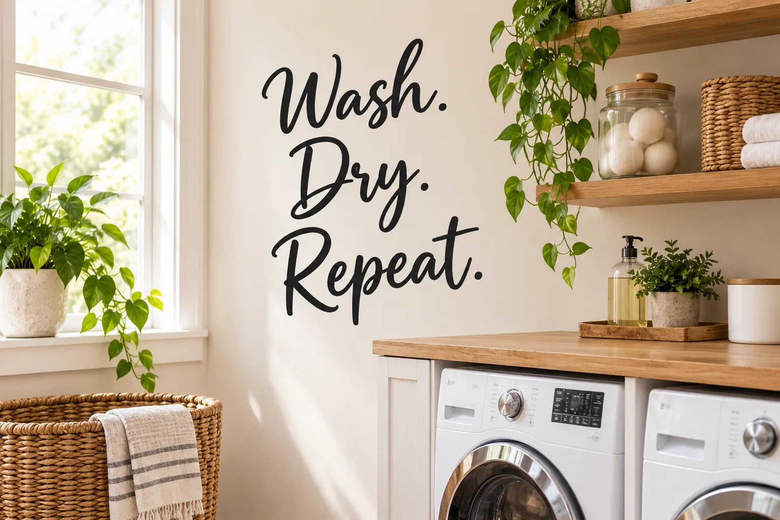 Illustrative Laundry Quote Decals vinyl application in a realistic separate close-up lifestyle scene.