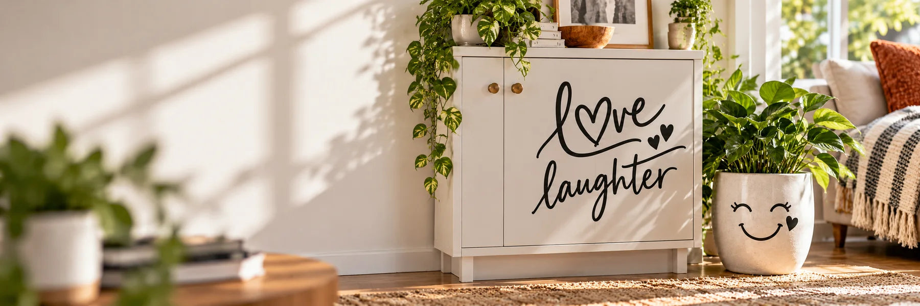 Illustrative Love and Laughter Decals vinyl application in a realistic panoramic lifestyle scene.
