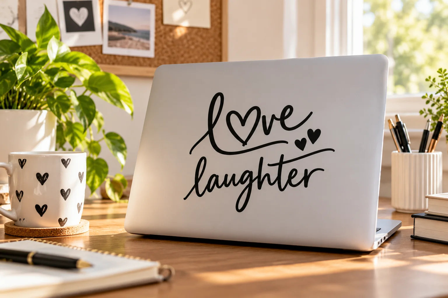 Illustrative Love and Laughter Decals vinyl application in a realistic separate close-up lifestyle scene.