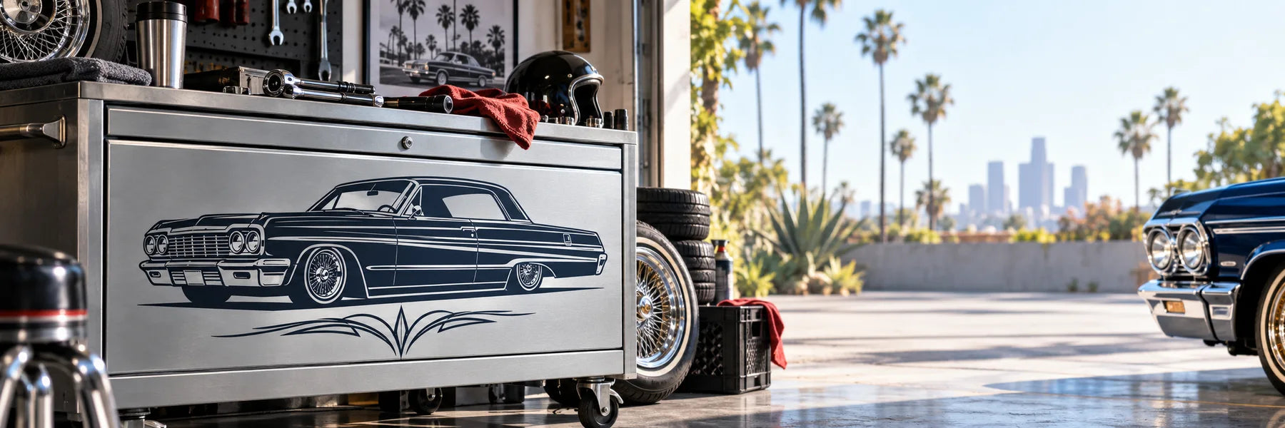 Illustrative Lowrider Decals vinyl application in a realistic panoramic lifestyle scene.