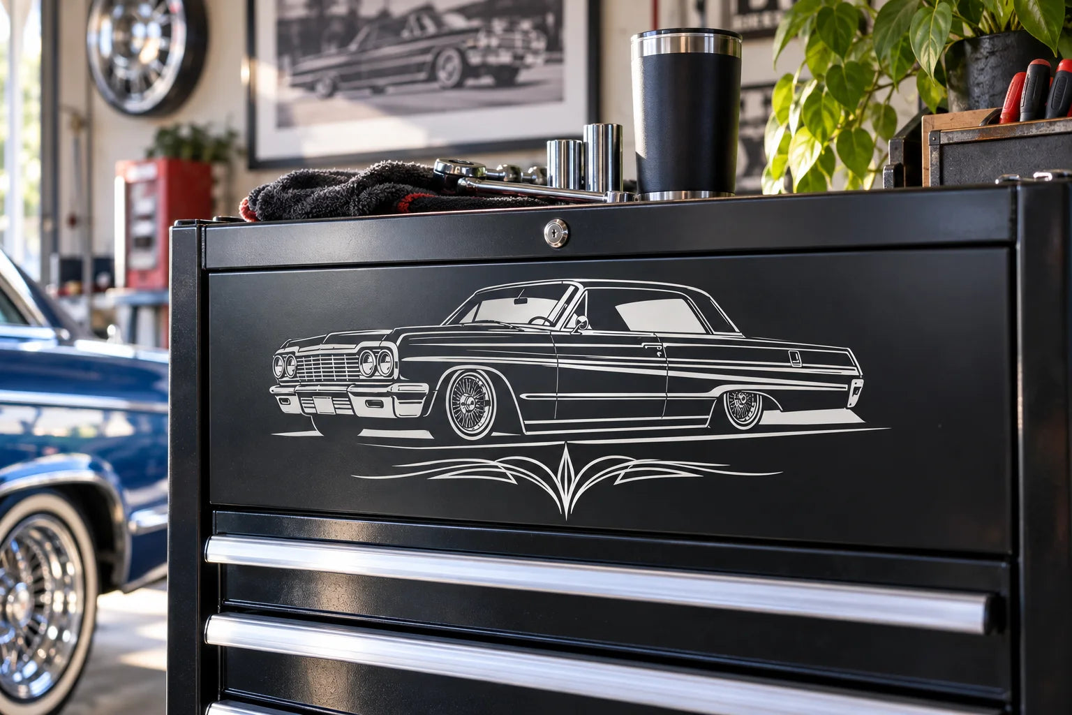Illustrative Lowrider Decals vinyl application in a realistic separate close-up lifestyle scene.
