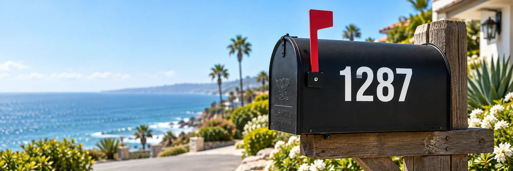 Illustrative Mailbox Lettering Decals vinyl application in a realistic panoramic lifestyle scene.