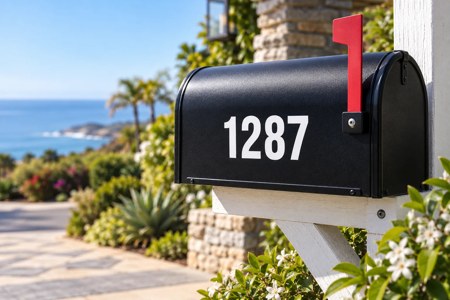 Illustrative Mailbox Lettering Decals vinyl application in a realistic separate close-up lifestyle scene.