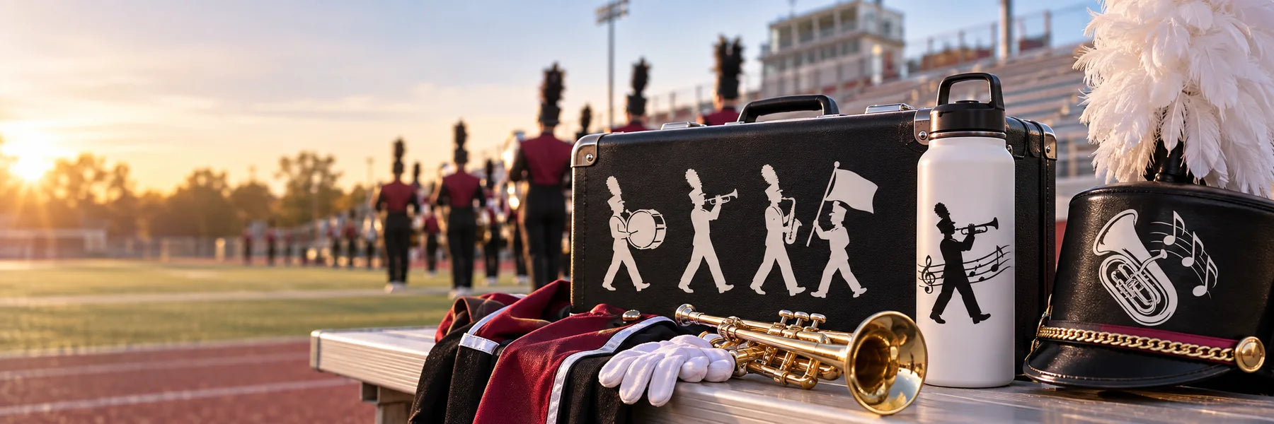 Illustrative Marching Band Decals vinyl application in a realistic panoramic lifestyle scene.