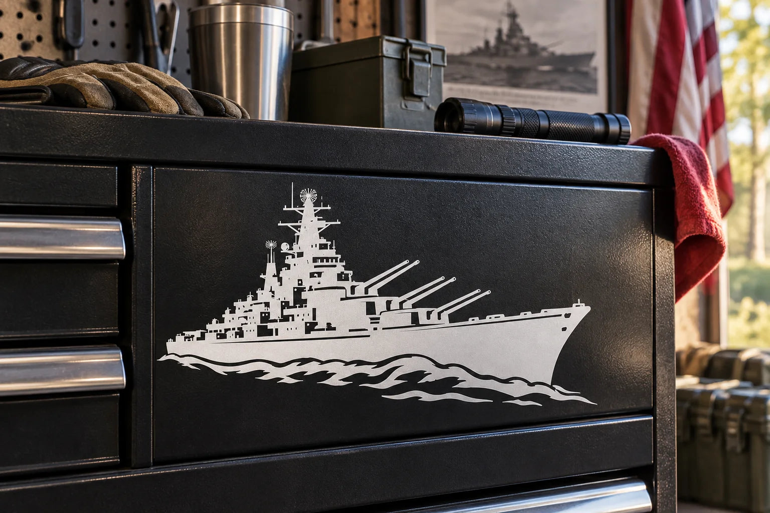 Illustrative Battleship Decals vinyl application in a realistic separate close-up lifestyle scene.