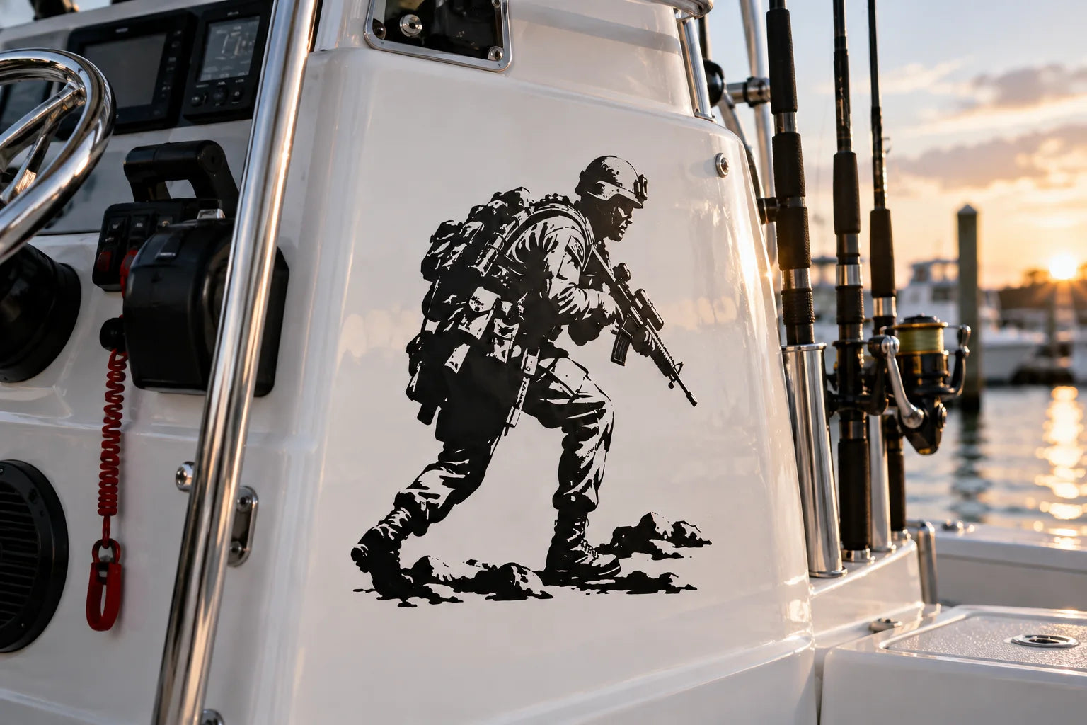 Illustrative Marine Decals vinyl application in a realistic separate close-up lifestyle scene.