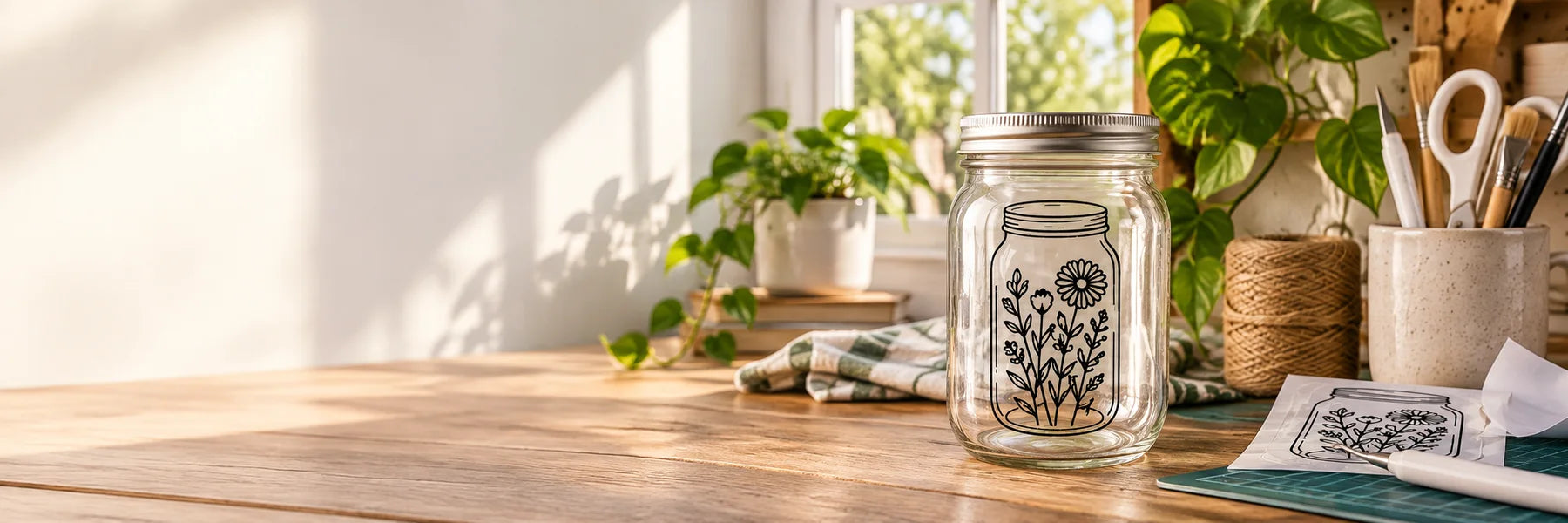 Illustrative Mason Jar Crafts vinyl application in a realistic panoramic lifestyle scene.