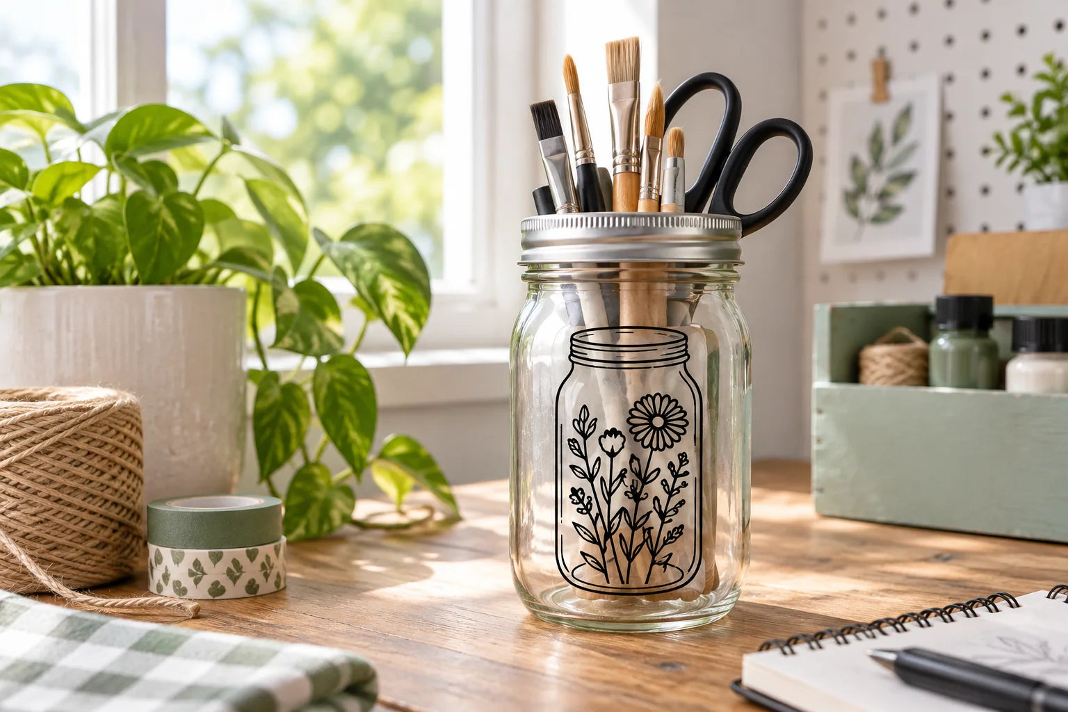Illustrative Mason Jar Crafts vinyl application in a realistic separate close-up lifestyle scene.