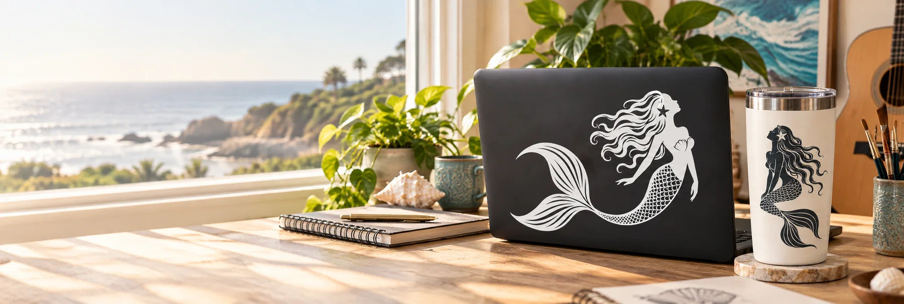 Illustrative Mermaid Decals vinyl application in a realistic panoramic lifestyle scene.