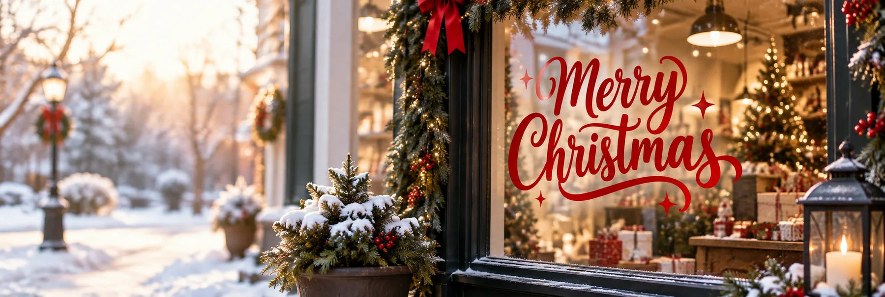 Illustrative Merry Christmas Decals vinyl application in a realistic panoramic lifestyle scene.