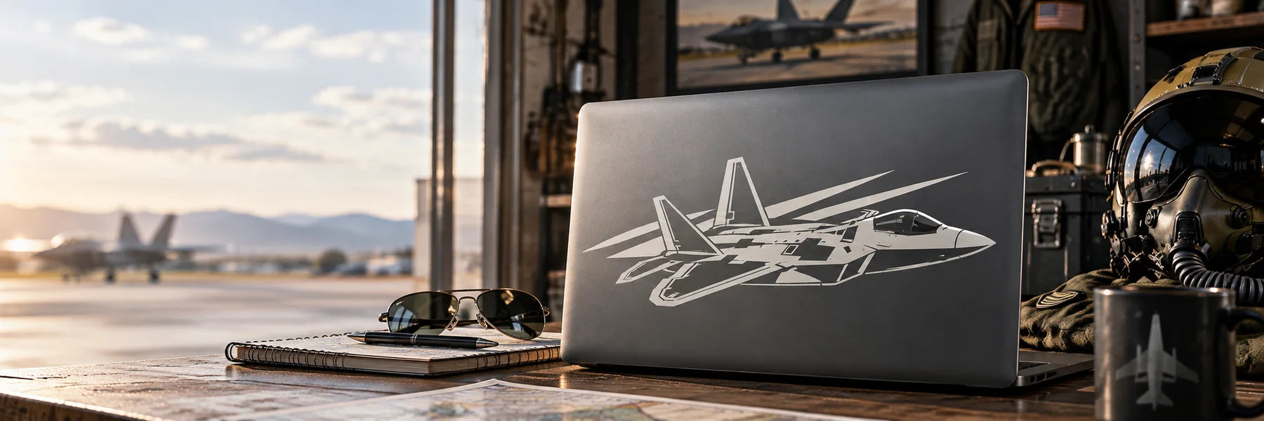 Illustrative Military Aircraft Decals vinyl application in a realistic panoramic lifestyle scene.
