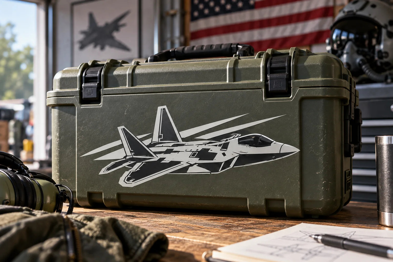 Illustrative Military Aircraft Decals vinyl application in a realistic separate close-up lifestyle scene.