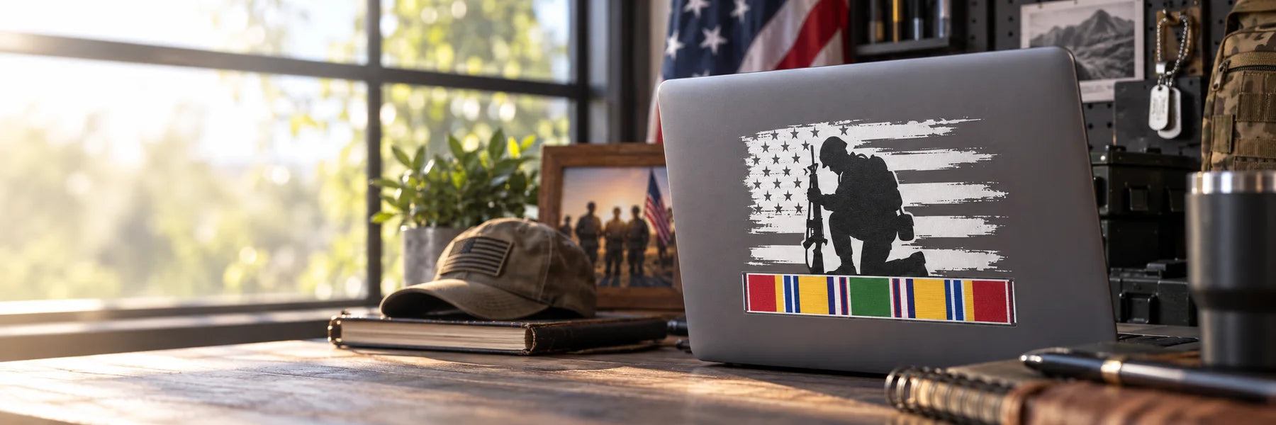 Illustrative Military Ribbon Decals vinyl application in a realistic panoramic lifestyle scene.
