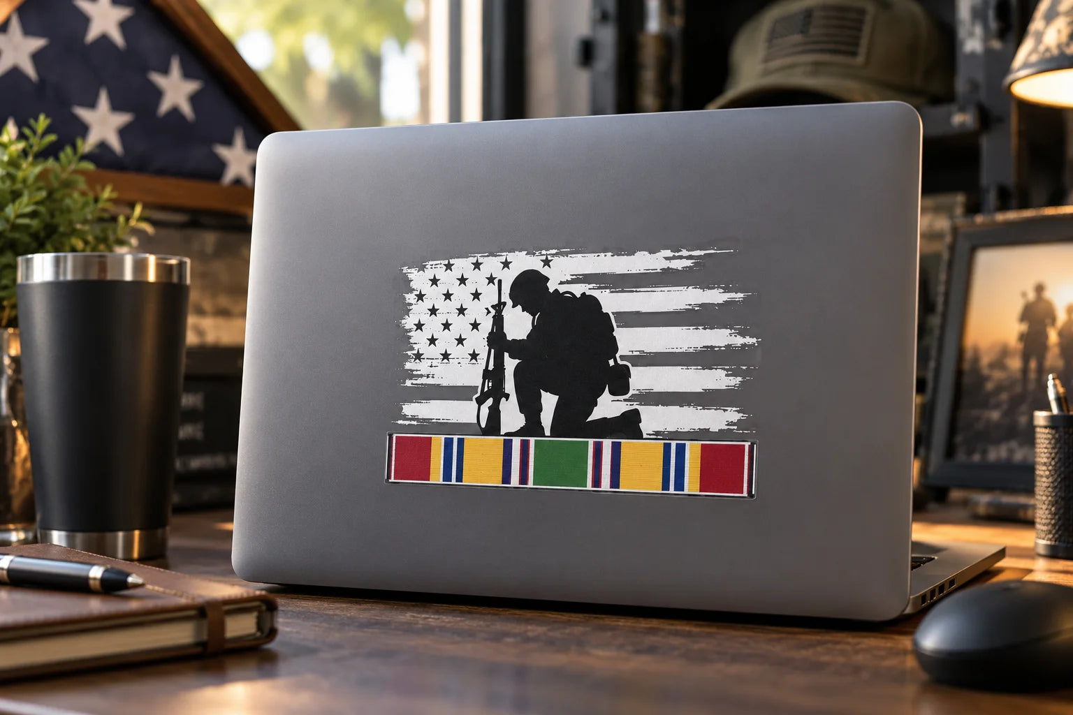 Illustrative Military Ribbon Decals vinyl application in a realistic separate close-up lifestyle scene.
